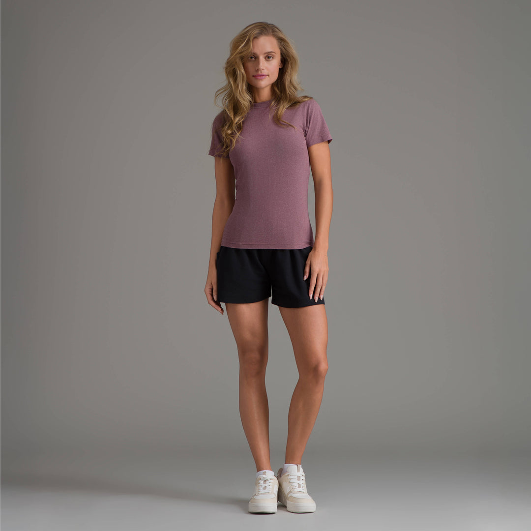 Playera casual de mujer ciruela, cuello redondo y dobladillo recto
