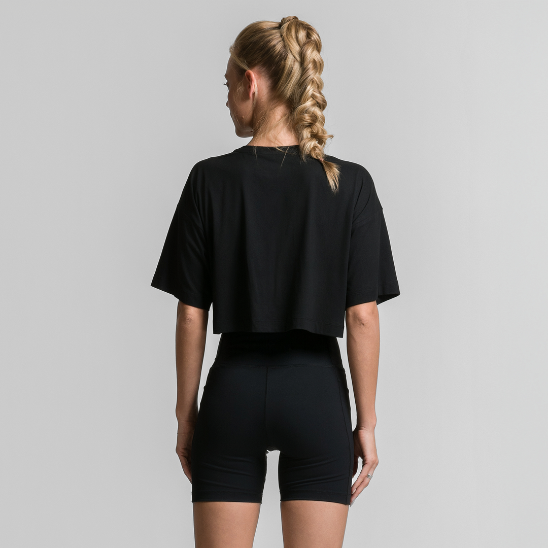 Playera casual corta negra de mujer, manga corta y cuello redondo, espalda lisa ATLEKX