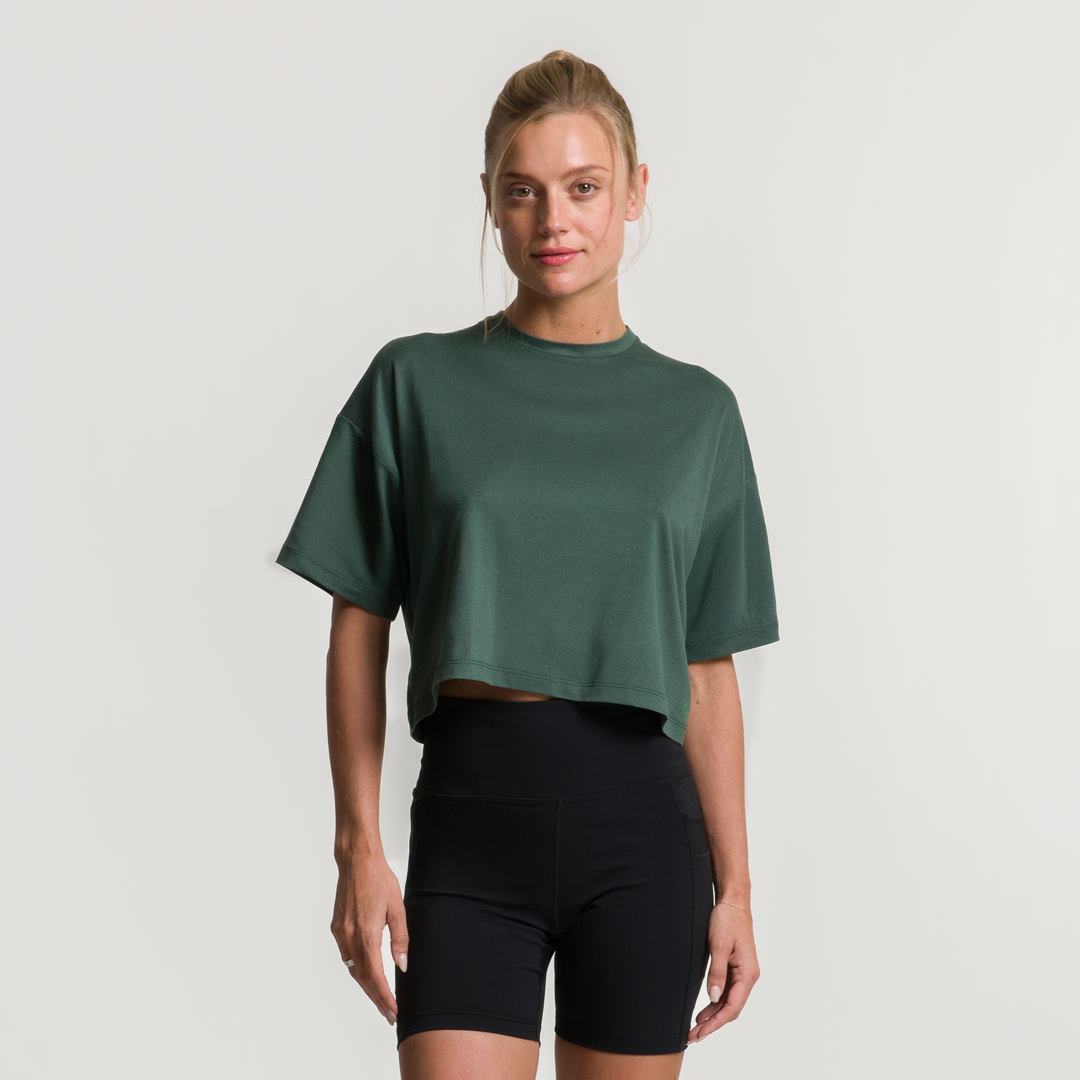 Playera casual corta verde para mujer, manga corta, cuello redondo