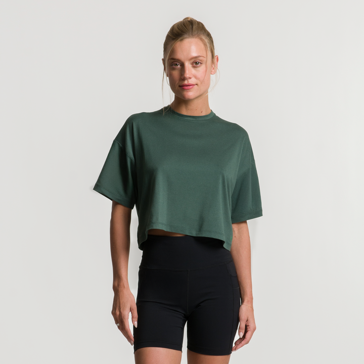 Playera casual corta verde para mujer, manga corta, cuello redondo