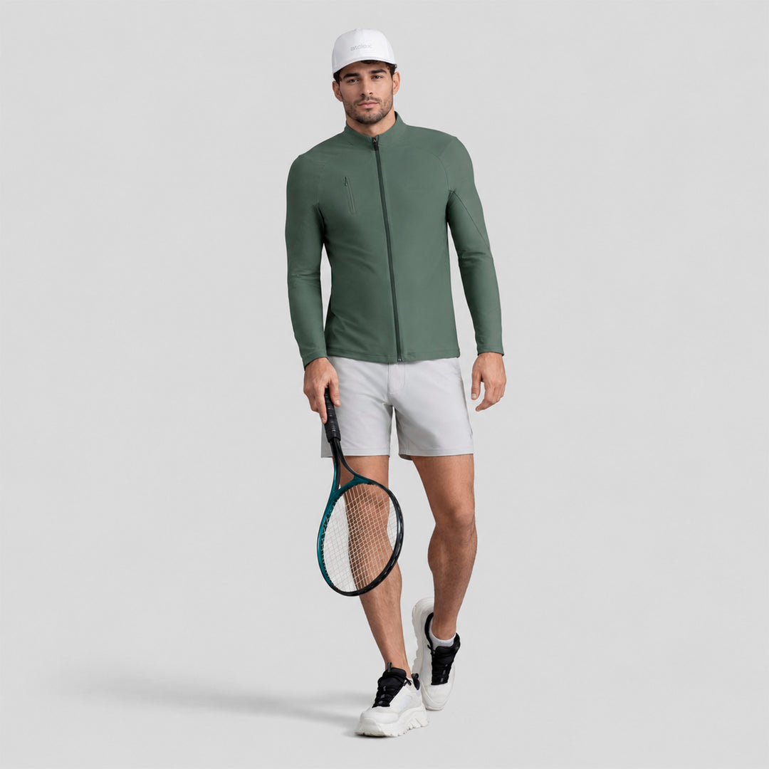 Chamarra deportiva hombre verde con cremallera frontal y cuello alto, vista frontal