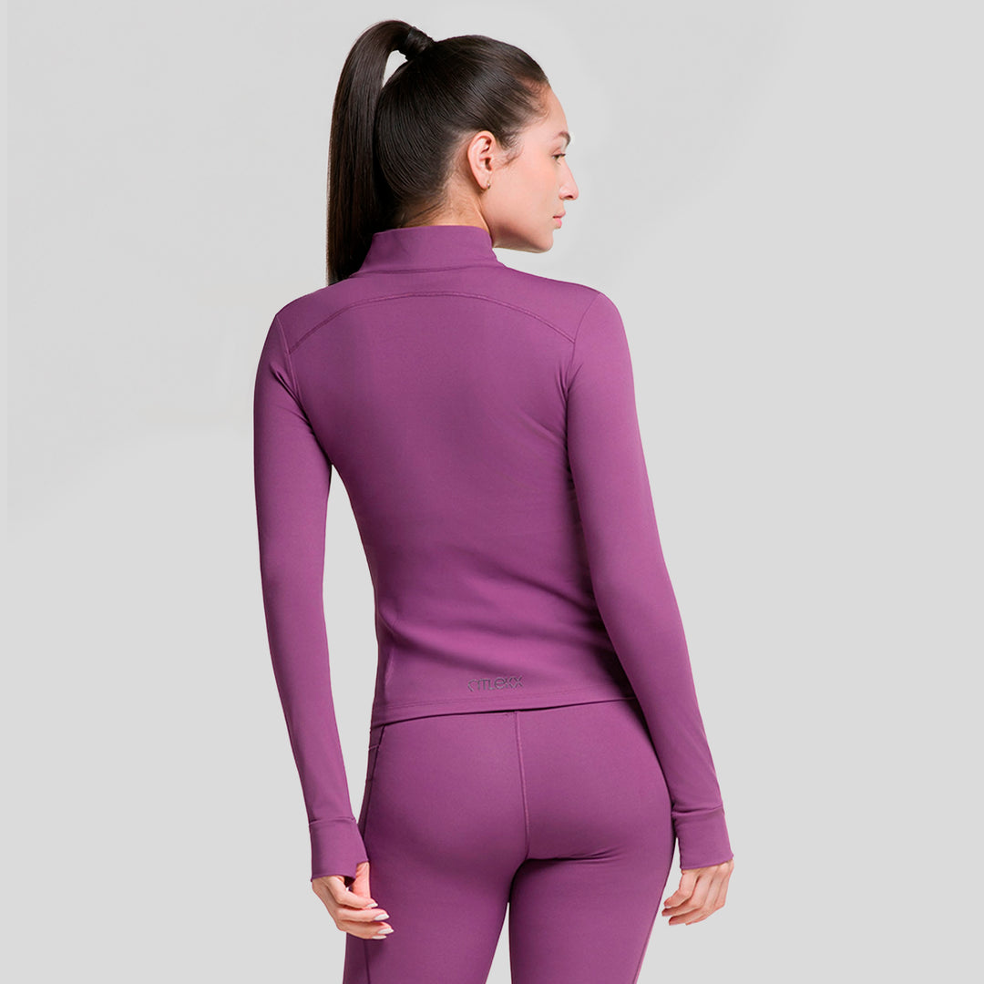 Chaqueta full zip de mujer morada con cuello alto y cremallera