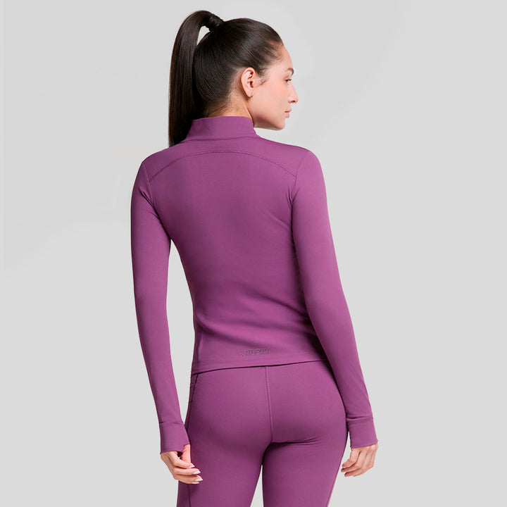 Chaqueta full zip de mujer morada con cuello alto y cremallera