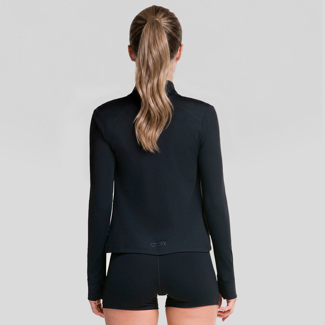 Chaqueta full zip de mujer negra con cuello alto y manga larga