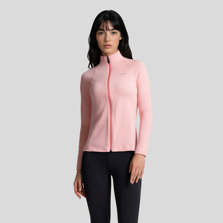 Chamarra deportiva de mujer rosa con cierre completo y paneles laterales