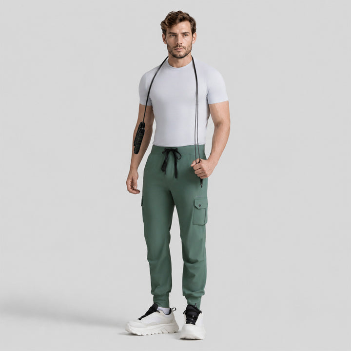 Pantalón jogger cargo verde para hombre, bolsillos laterales y cordón en cintura