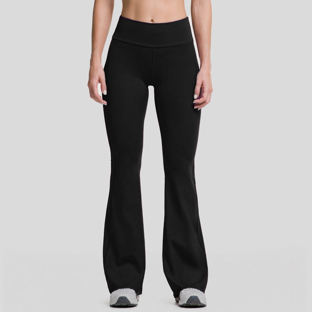 Leggings deportivos acampanados mujer negros, frontal liso con pierna acampanada