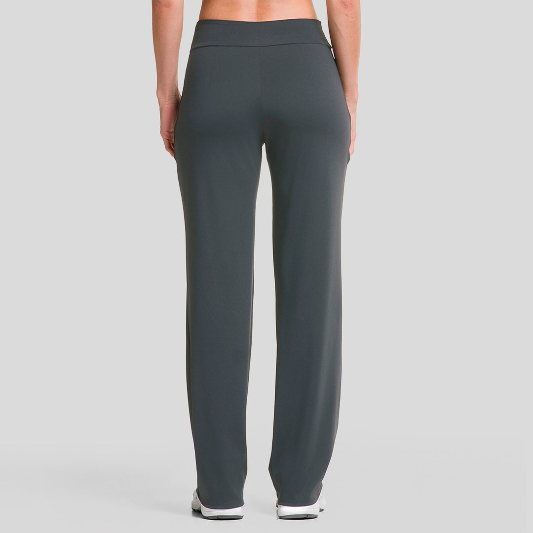 Pantalón deportivo mujer pierna ancha gris oscuro, vista trasera, cintura elástica