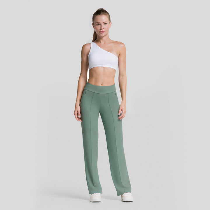 Pantalón deportivo mujer pierna ancha verde, tiro medio y cintura elástica