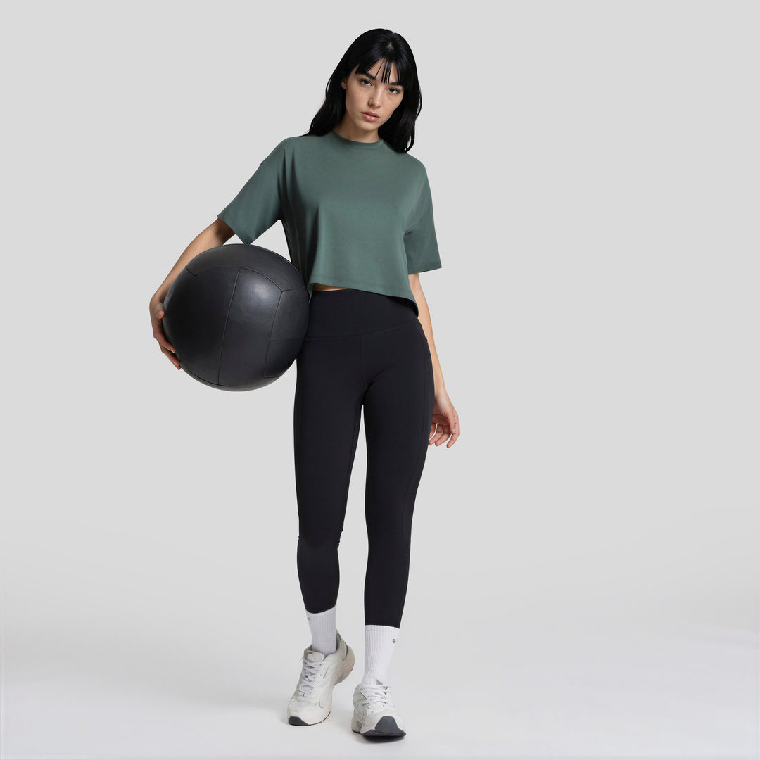Playera corta casual mujer verde oscuro, manga corta y cuello redondo