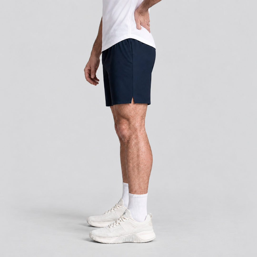 Short 2 en 1 hombre azul marino, corte recto, vista lateral con short interior
