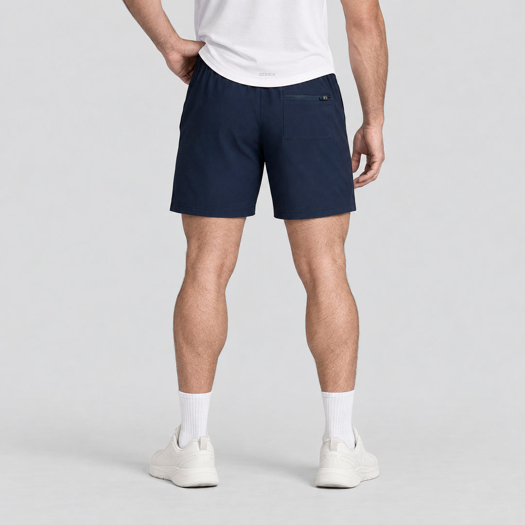 Short 2 en 1 hombre azul marino con bolsillo lateral y costuras marcadas