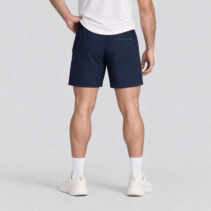 Short 2 en 1 hombre azul marino con bolsillo lateral y costuras marcadas