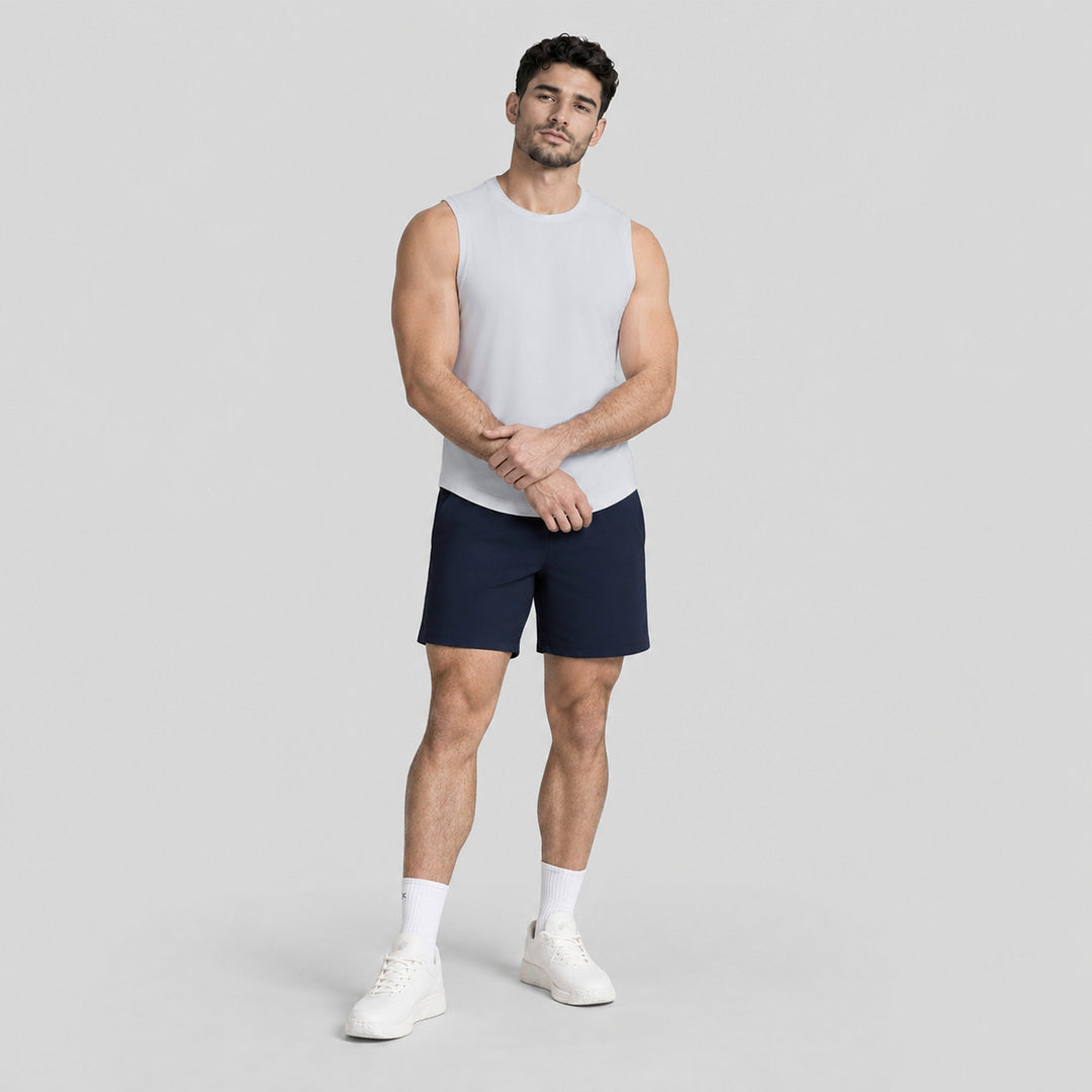 Short 2 en 1 para hombre, azul marino, tiro clásico y short interior gris