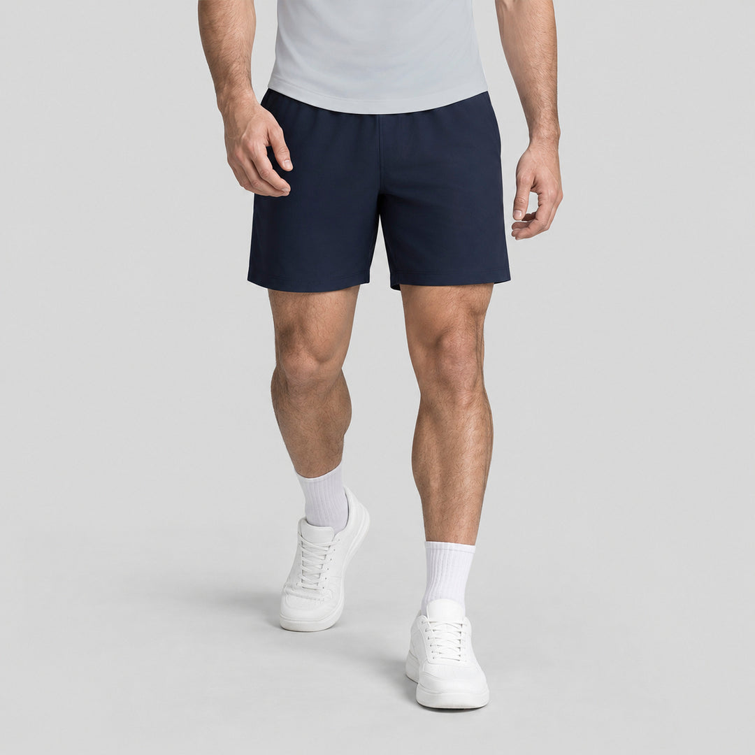 Short 2 en 1 hombre azul marino con dobladillo recto, interior gris asomando