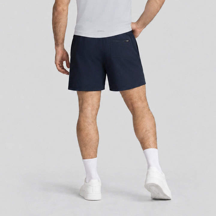 Short 2 en 1 hombre azul marino, vista trasera, con short interior gris