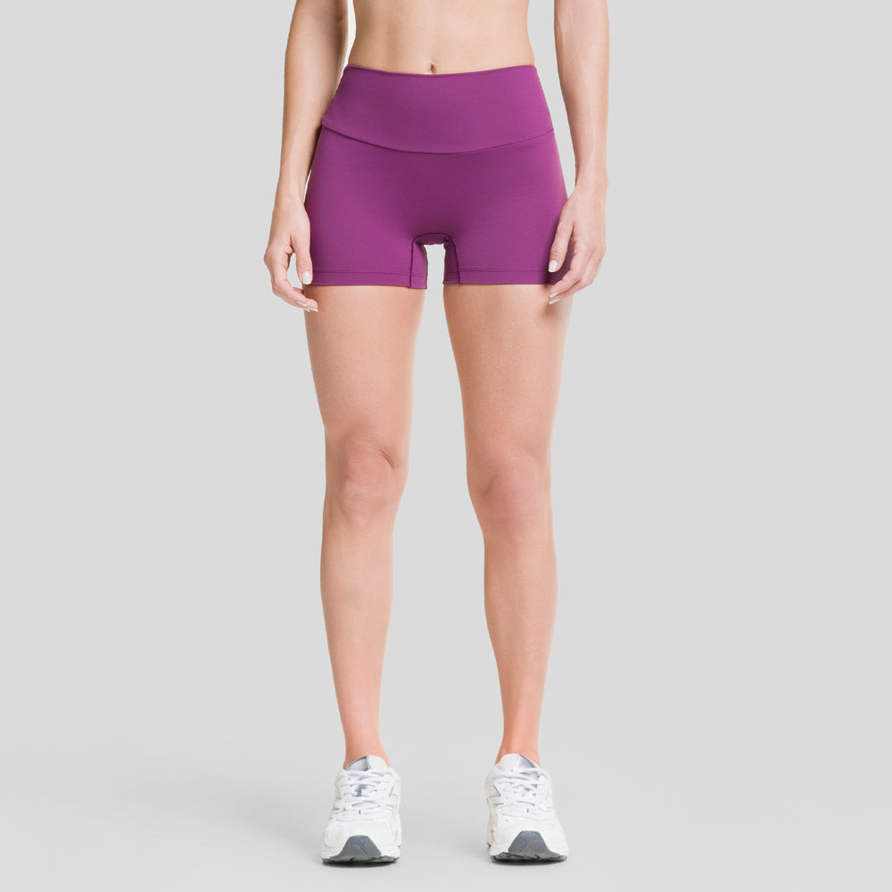 Bermudas biker mujer moradas tiro alto, costuras laterales y pernera corta 3,5