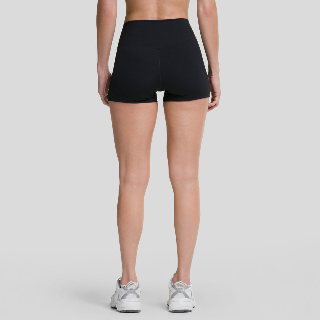 Bermudas biker mujer negras trasera, cintura alta y pernera corta 3,5"