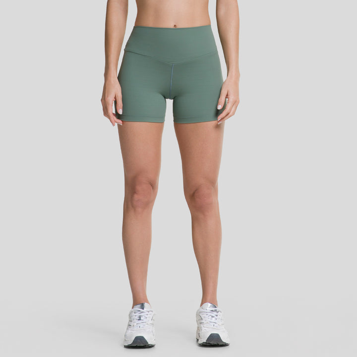 Bermudas biker mujer verdes tiro alto, pernera corta 3,5" y costuras sutiles