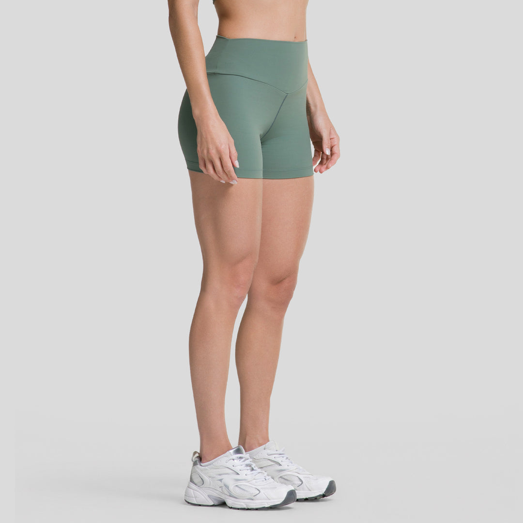 Bermudas biker mujer verdes tiro alto, pernera corta 3,5" y vista lateral