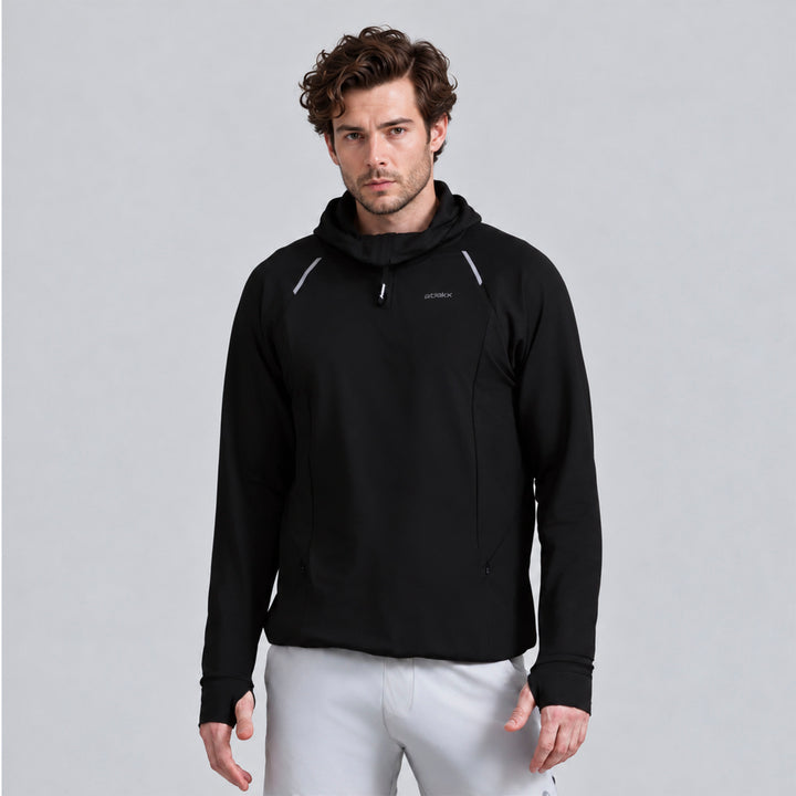 Sudadera deportiva negra con capucha y cordón, con cierre frontal