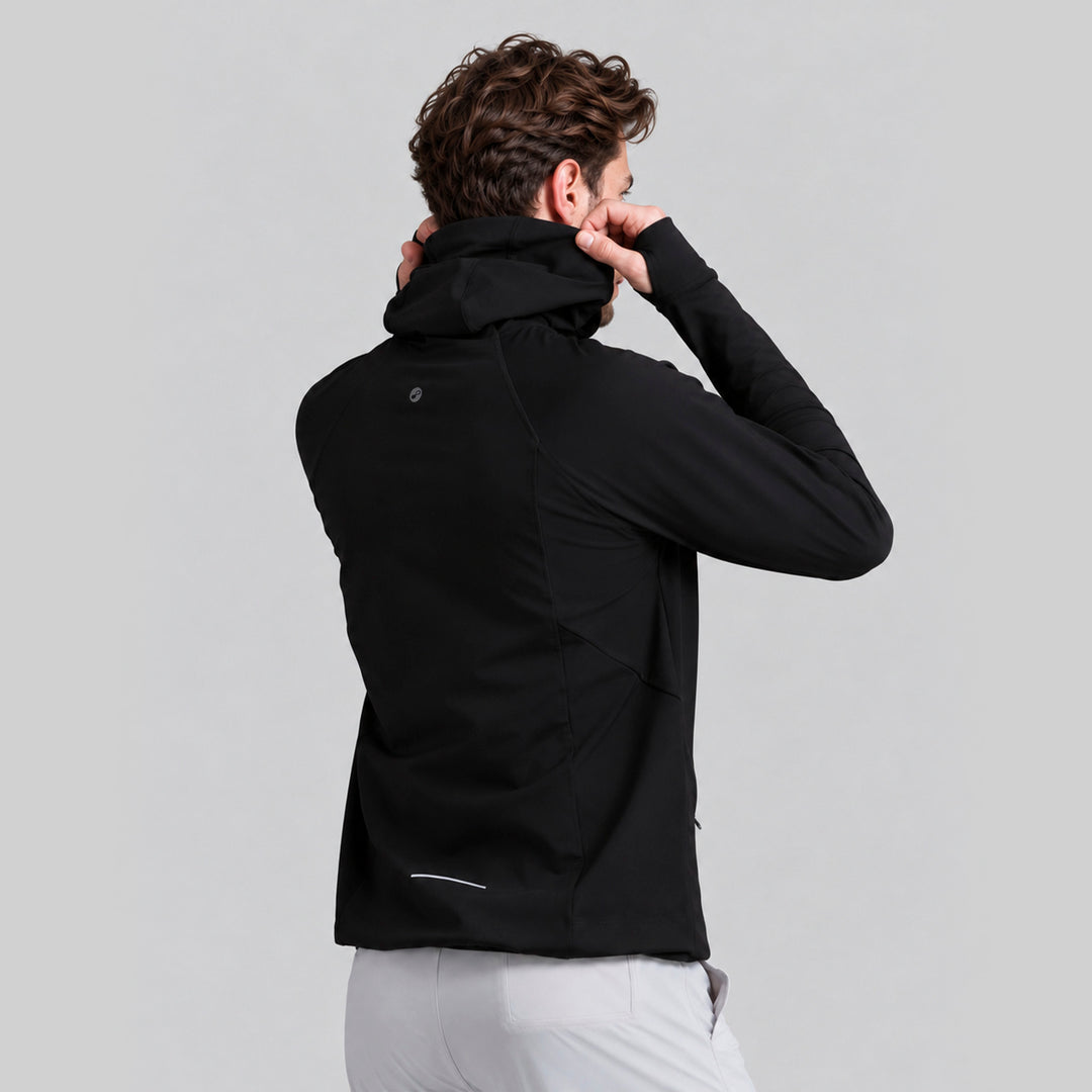 Sudadera deportiva negra con capucha, vista trasera