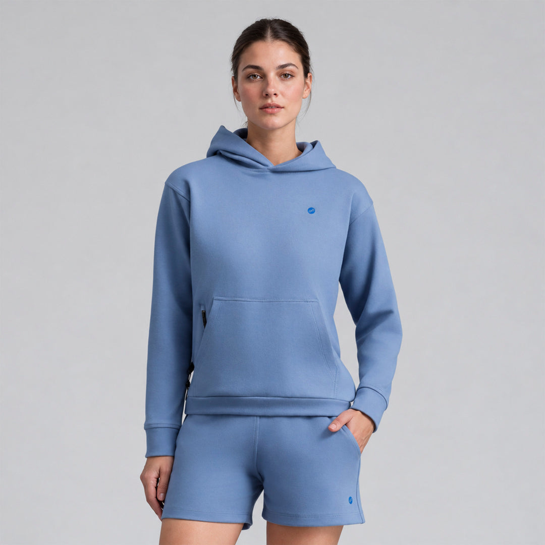Sudadera con gorro azul y shorts a juego, bolsillo canguro y puños elásticos