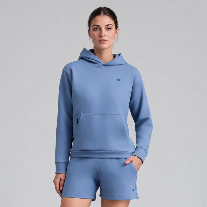 Sudadera con gorro azul y shorts a juego, bolsillo canguro y puños elásticos