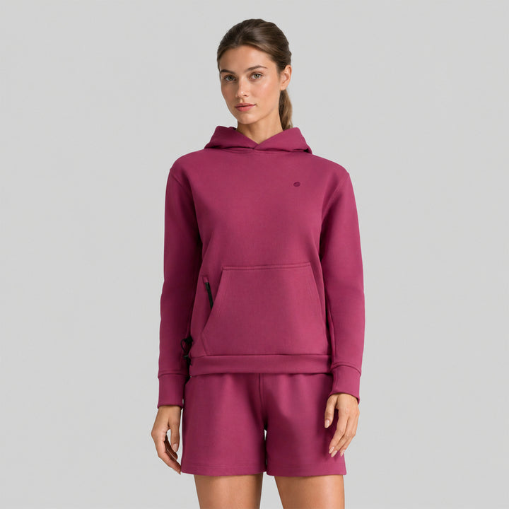 Sudadera con gorro granate y short a juego, dobladillo y puños elásticos