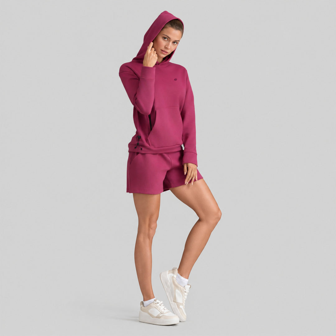 Sudadera con gorro granate y short a juego, bolsillo canguro y cordón