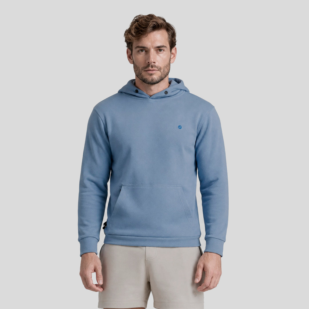 Sudadera deportiva con gorro y bolsillo canguro, color azul, vista frontal hombre