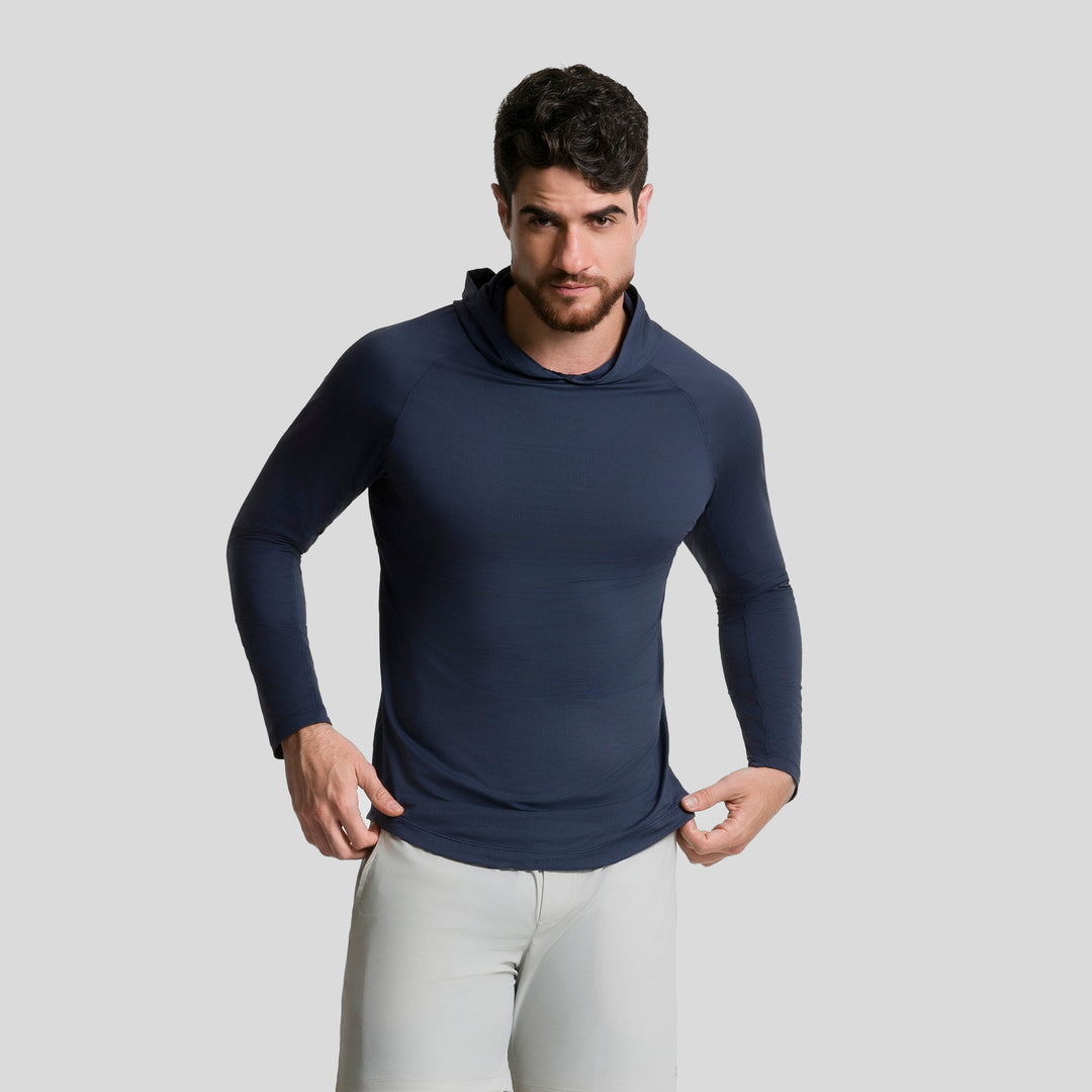 Playera deportiva de manga larga con capucha, azul marino, para hombre