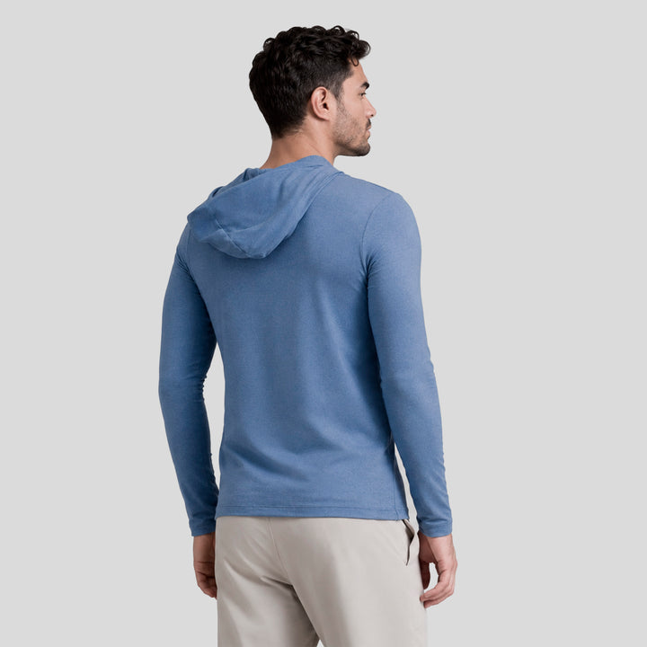 Sudadera con capucha azul para hombre, vista trasera, manga larga