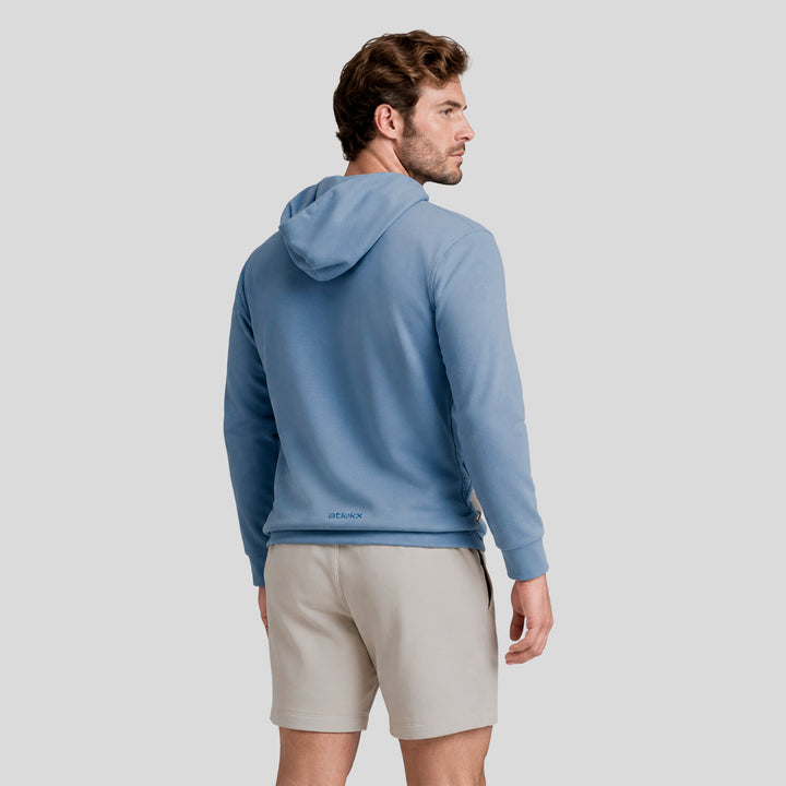 Sudadera con gorro y bolsillo canguro, color azul, vista trasera para hombre