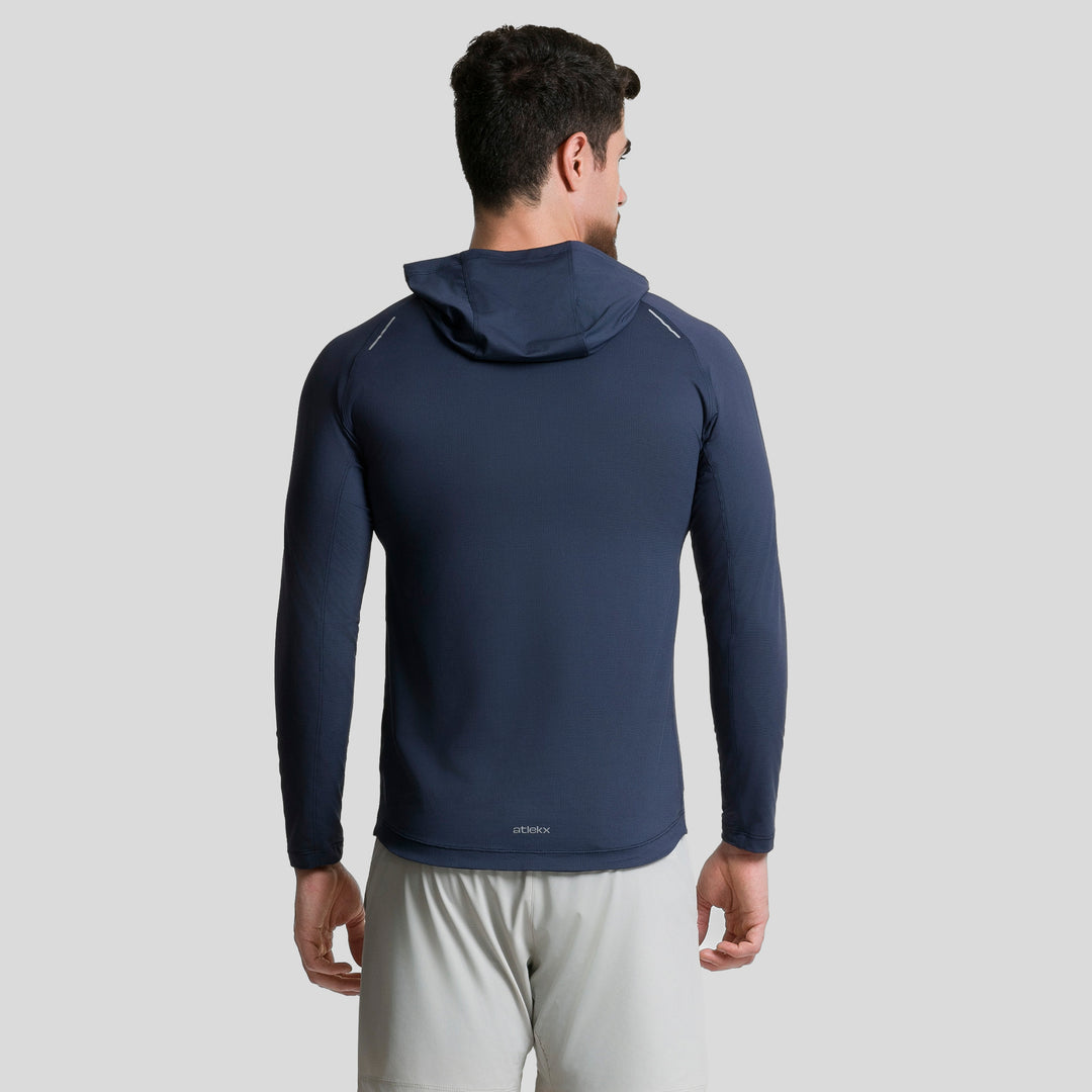 Playera deportiva de manga larga con capucha azul marino, vista trasera, ATLEKX