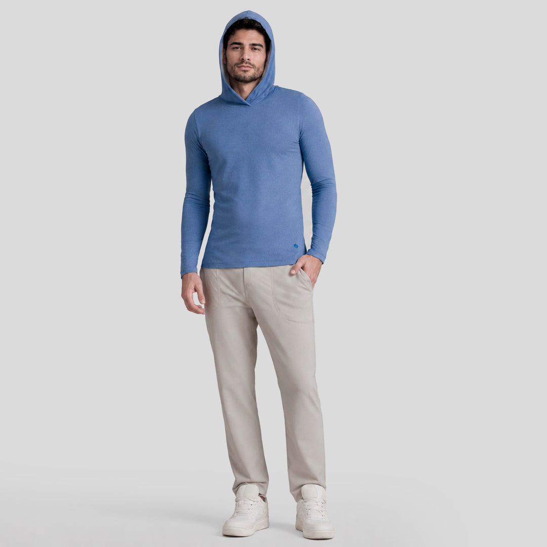 Sudadera con capucha azul para hombre, puesta completa, manga larga