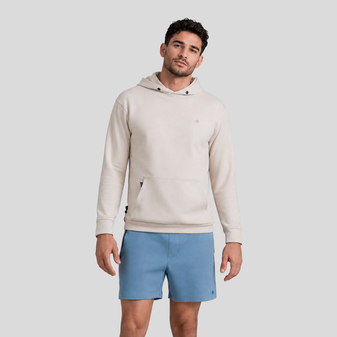 Sudadera con gorro y bolsillo canguro, color beige claro, vista frontal hombre