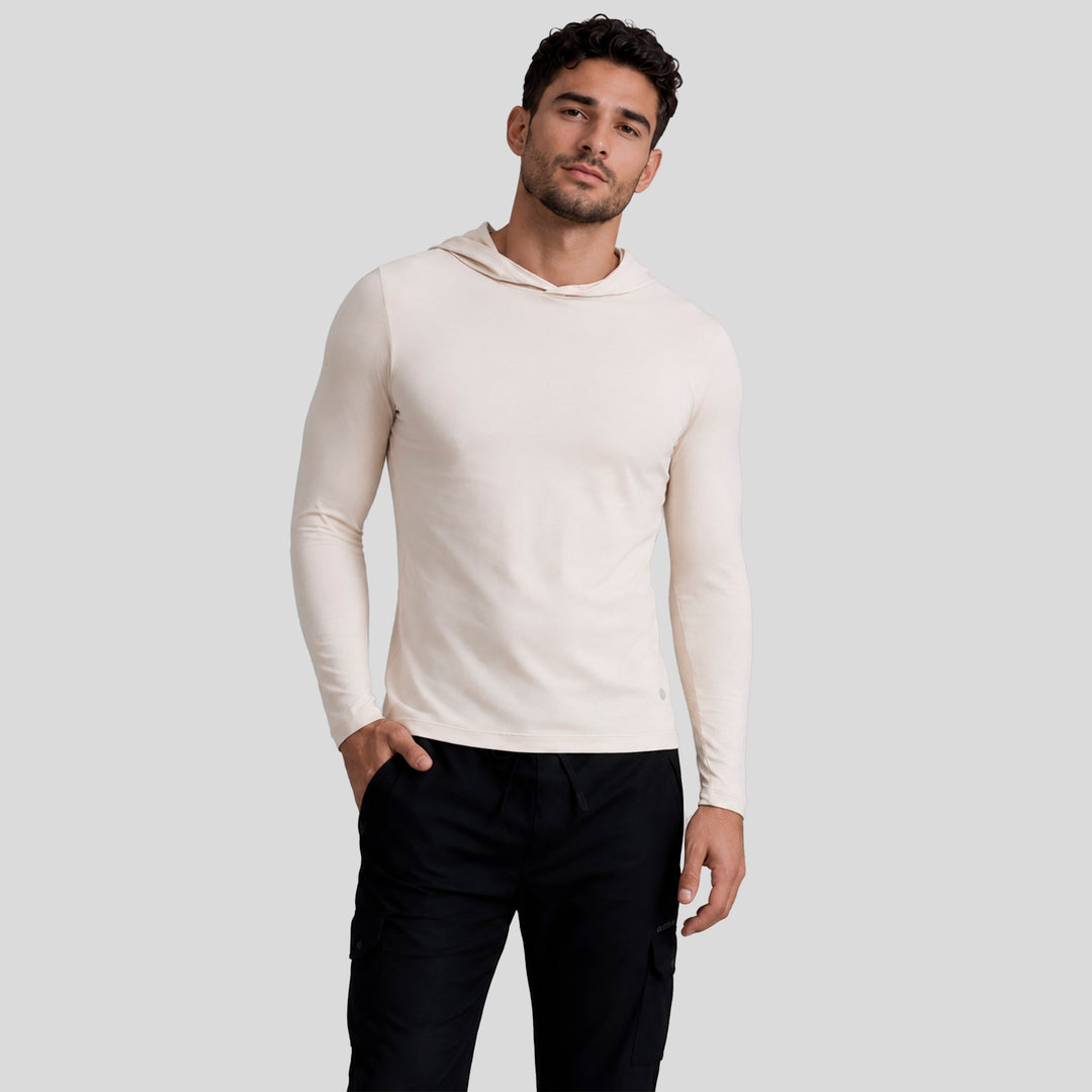 Sudadera con capucha crema para hombre, vista frontal, manga larga