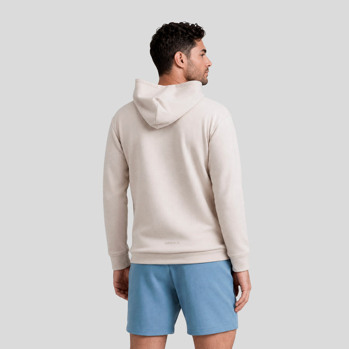 Sudadera deportiva con gorro y bolsillo canguro, color beige claro, vista trasera