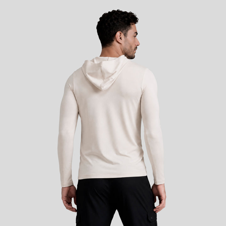 Sudadera con capucha crema para hombre, vista trasera, manga larga