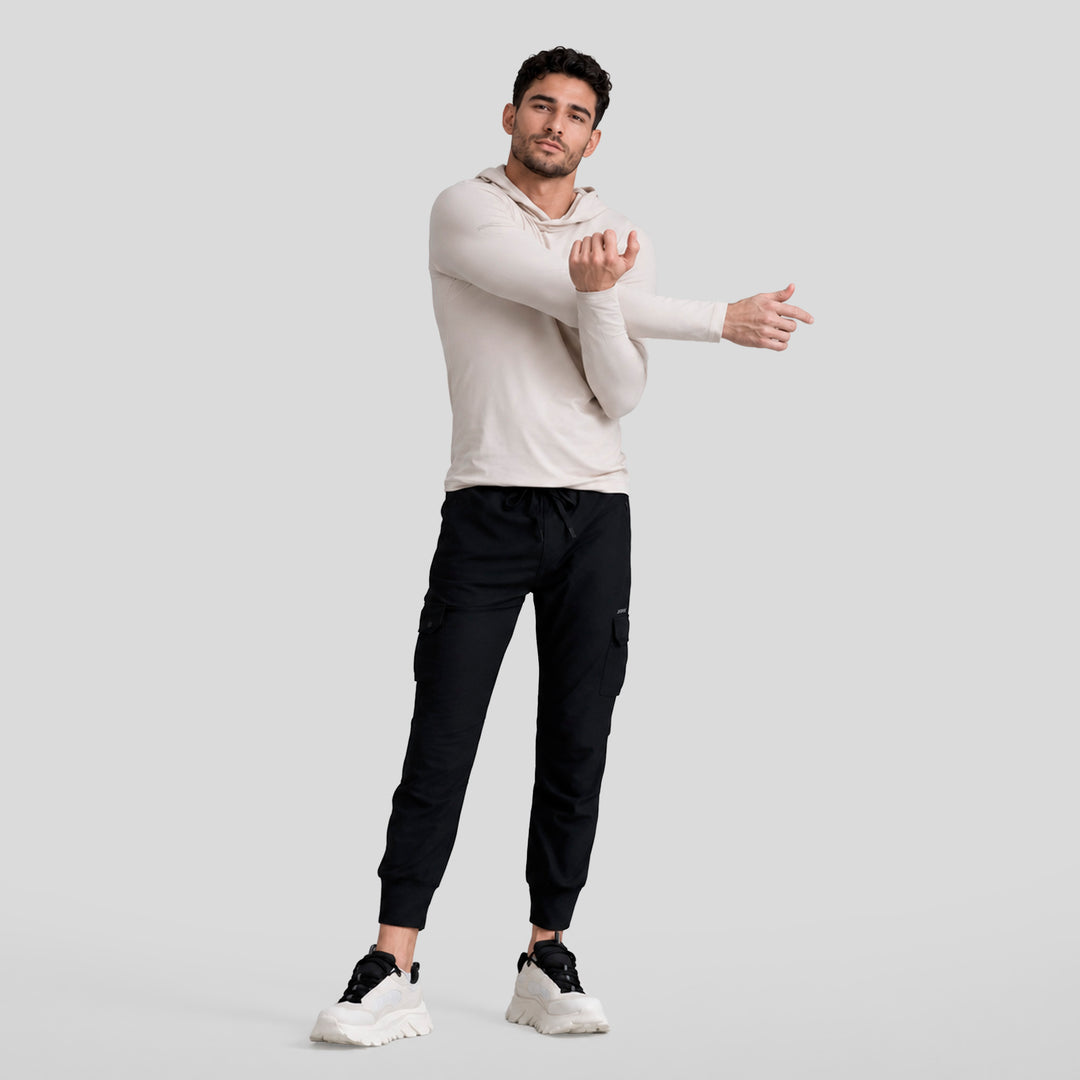 Sudadera con capucha crema para hombre, vista lateral, manga larga