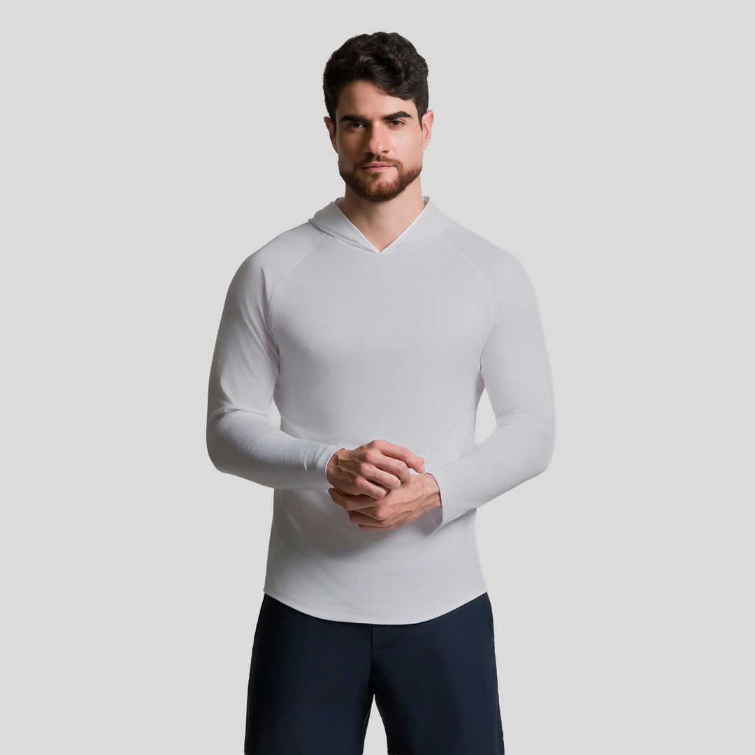 Playera deportiva de manga larga con capucha blanca en vista frontal, ATLEKX