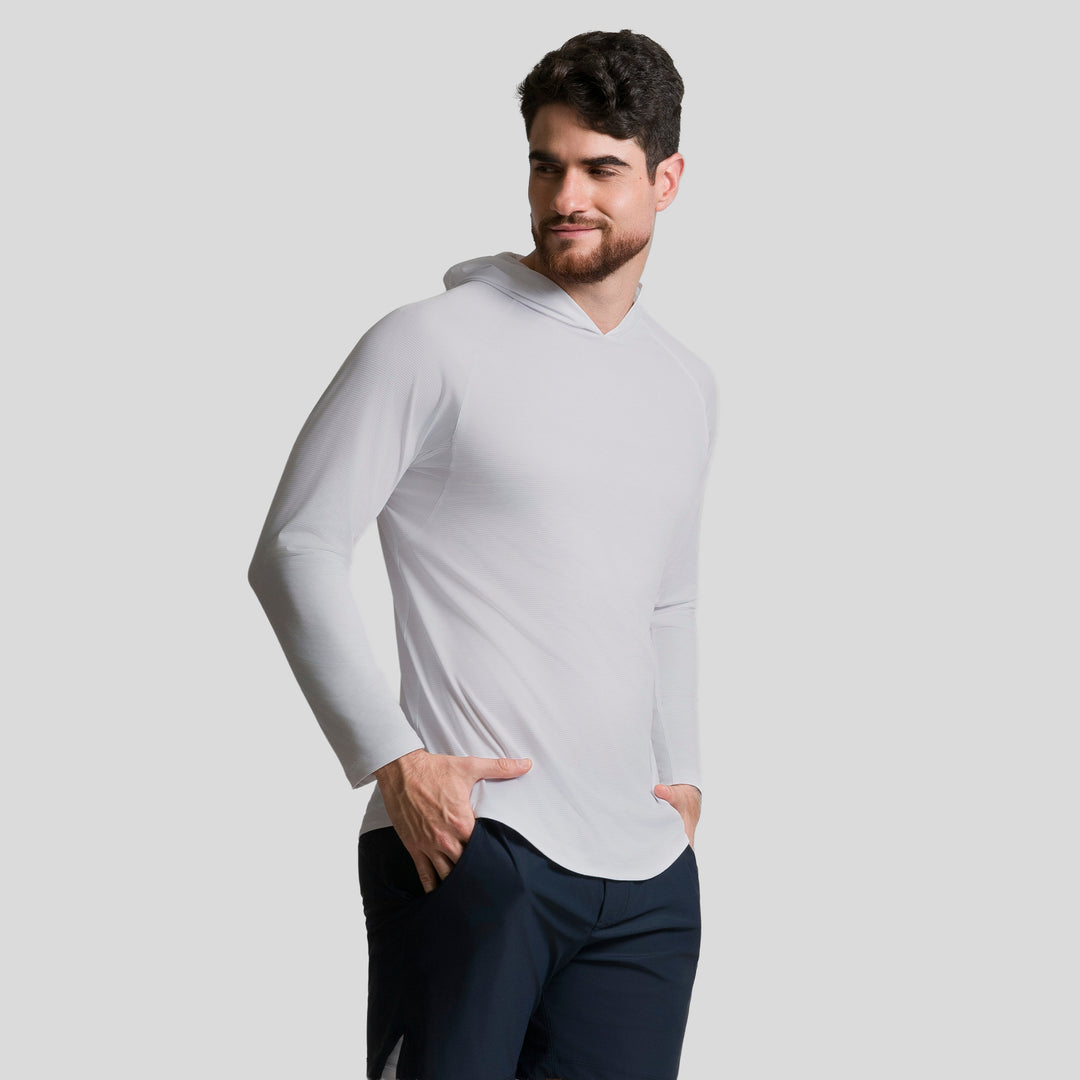 Playera deportiva manga larga con capucha blanca, vista lateral, ATLEKX