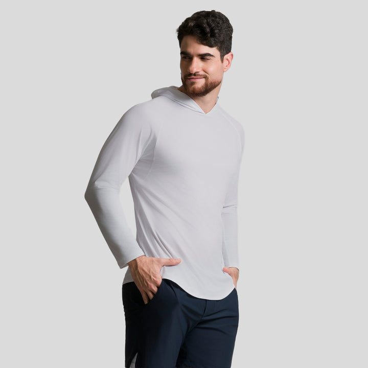 Playera deportiva manga larga con capucha blanca, vista lateral, ATLEKX