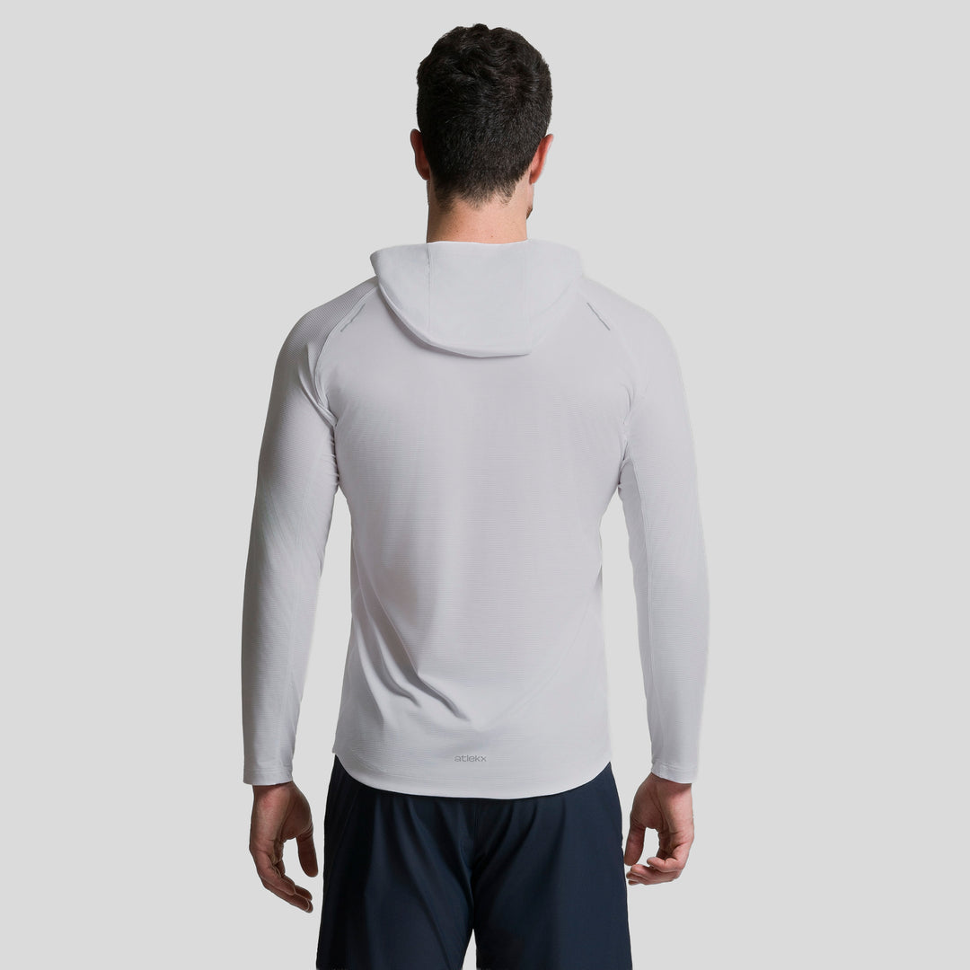Playera deportiva de manga larga con capucha blanca, vista trasera, ATLEKX