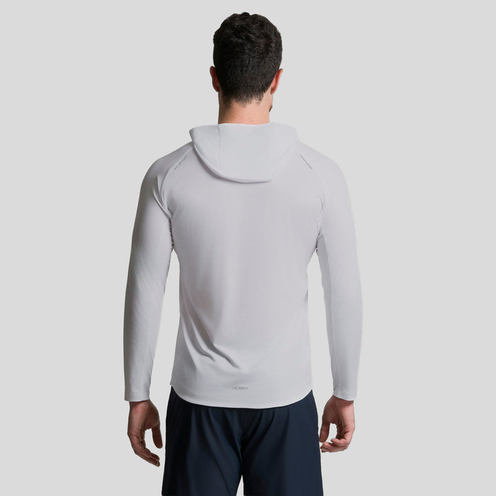 Playera deportiva de manga larga con capucha blanca, vista trasera, ATLEKX