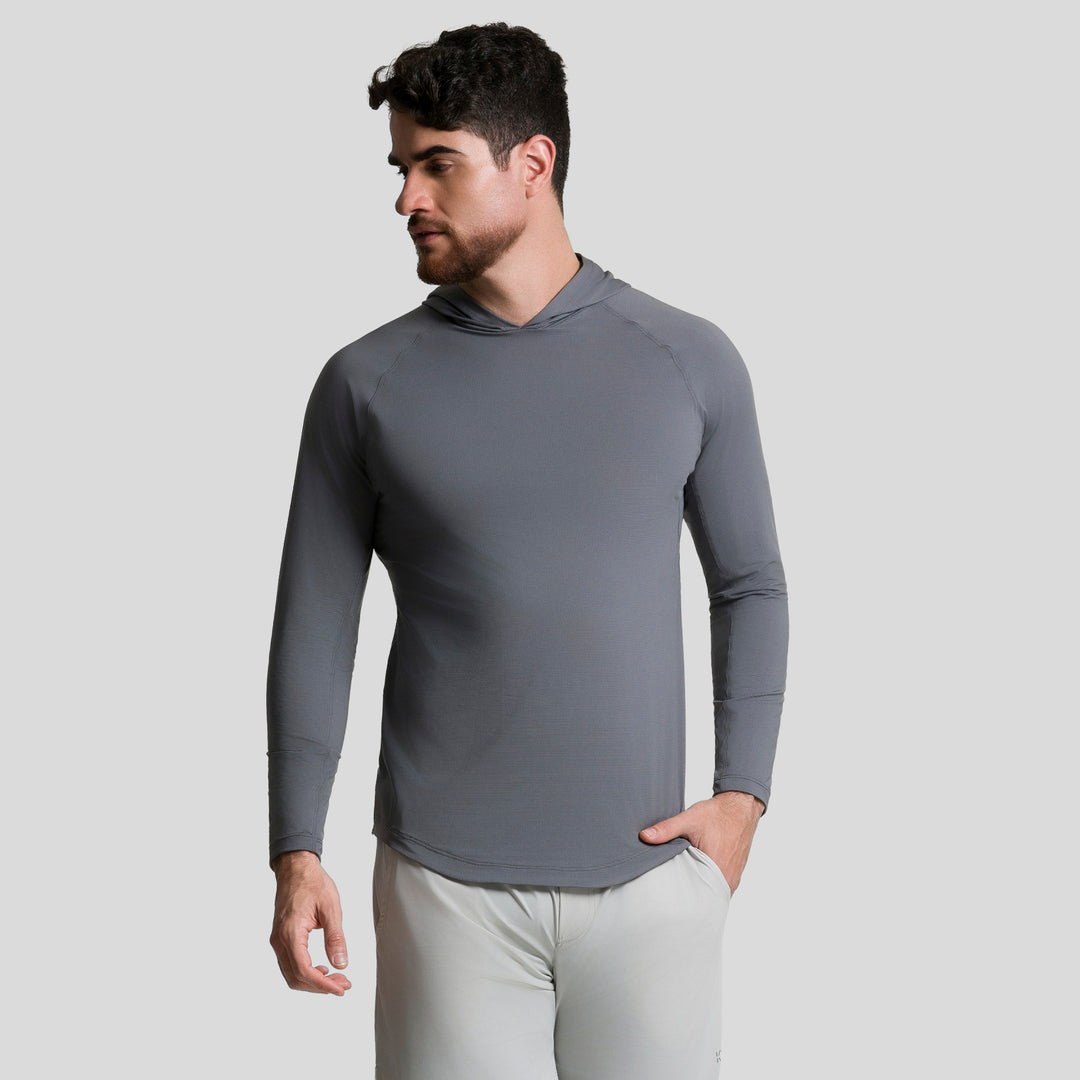 Playera deportiva de manga larga con capucha, color gris oscuro, para hombre