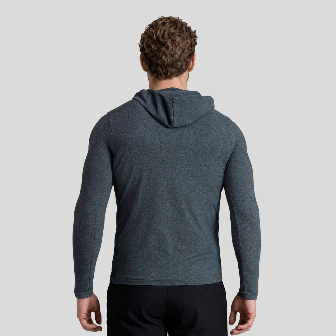 Sudadera deportiva ligera con capucha gris azulado, manga larga pulóver