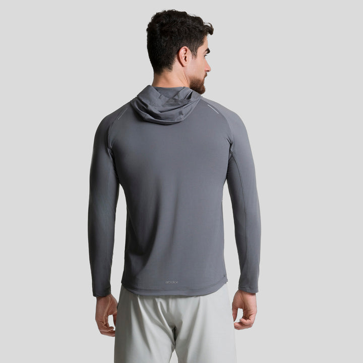 Playera deportiva de manga larga con capucha, vista trasera, gris oscuro, hombre