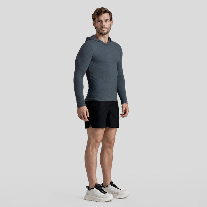 Sudadera deportiva ligera con capucha gris azulado, manga larga y corte holgado
